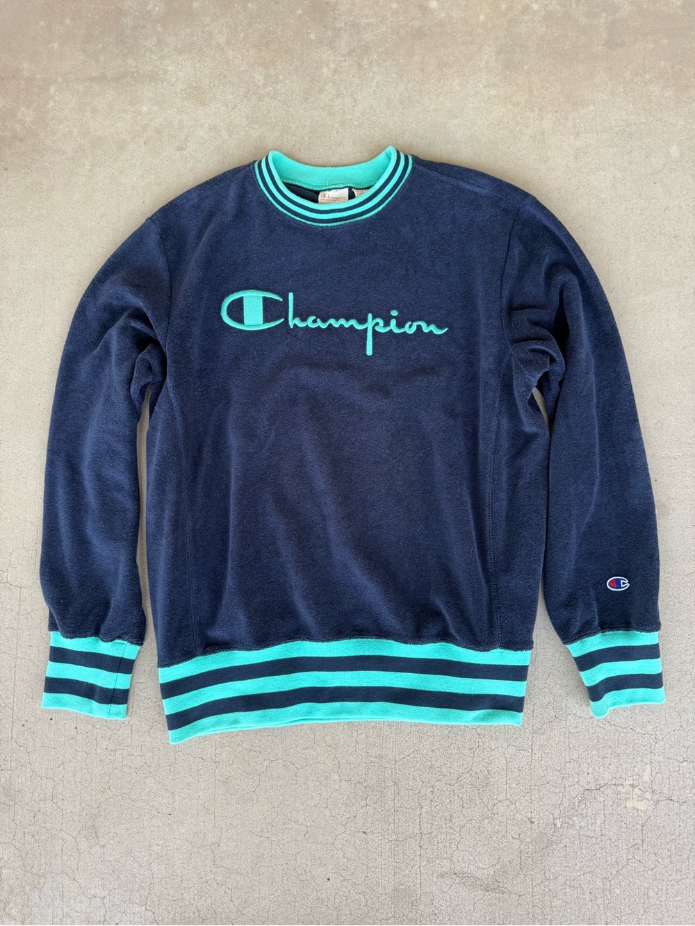 Champion Navy Crewneck Sweatshirt with Teal Script & Trim